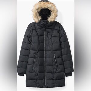 NOIZE Women's Black Puffer Jacket with Faux Fur Hood